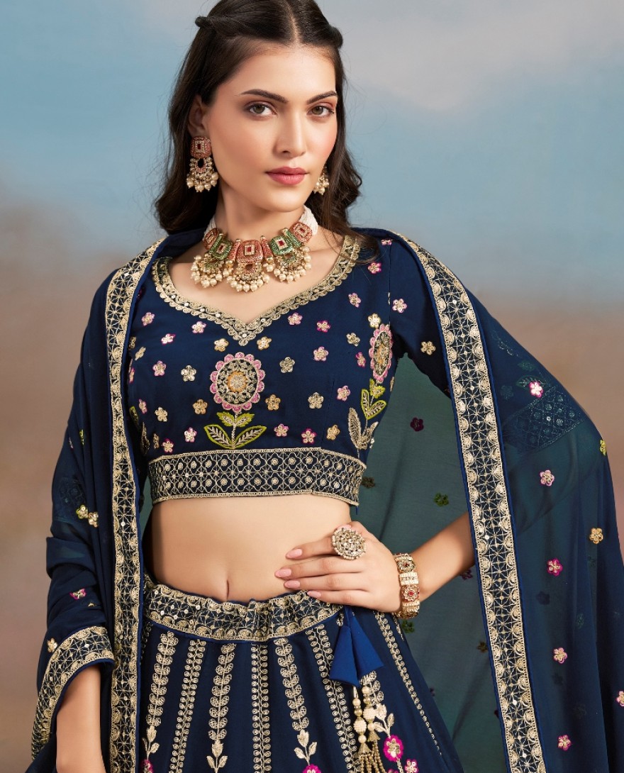 6008-BLUE - Stunning blue Thread Work Georgette Engagement Wear Lehenga With Blouse